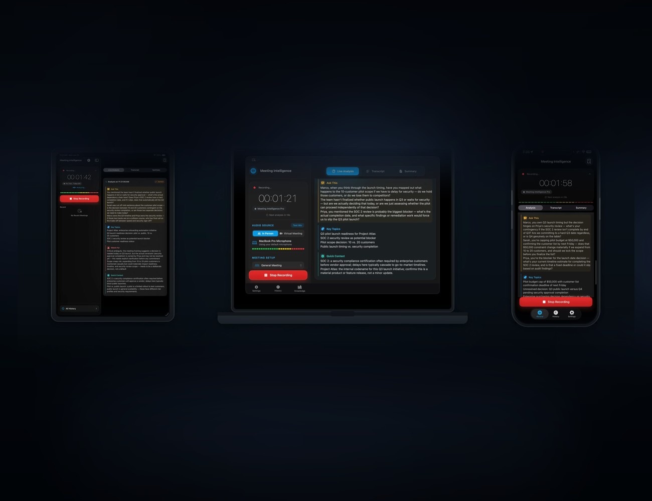 Meeting Intelligence running live on iPhone, iPad, and Mac